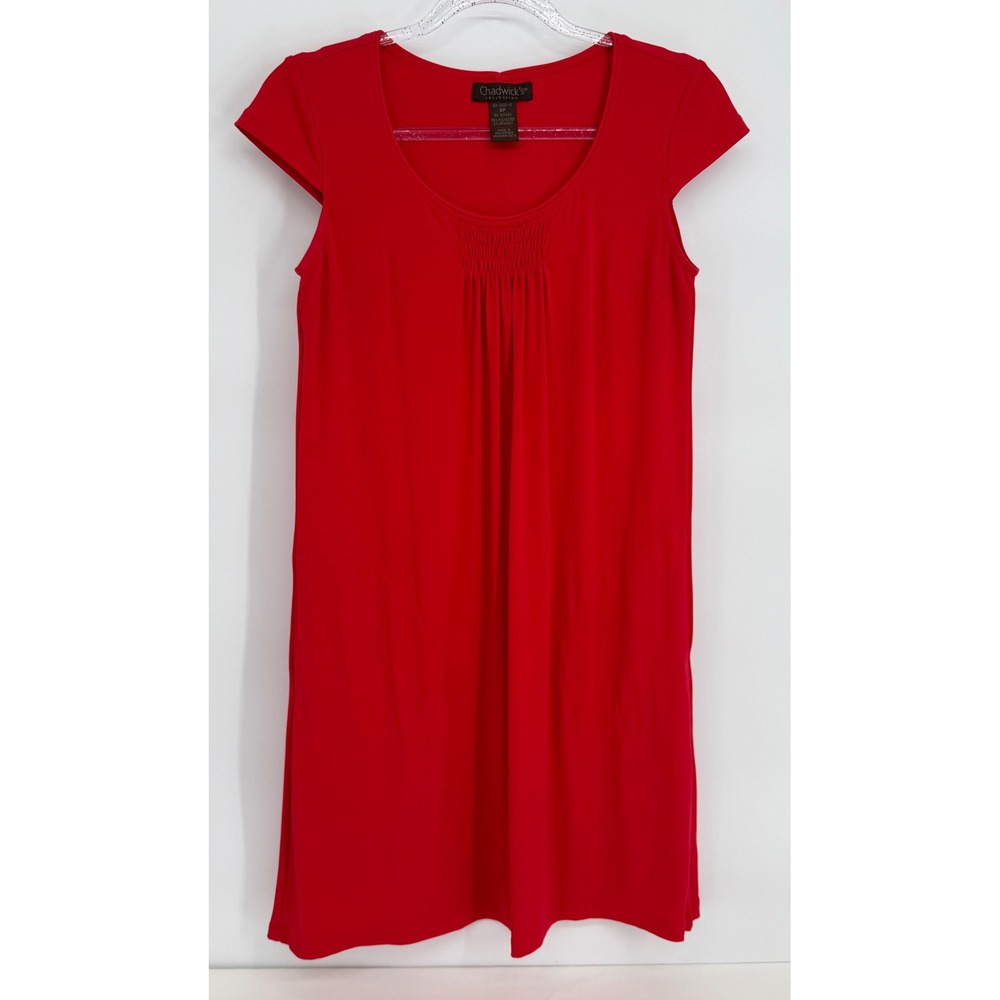 Chadwicks Red Scoop Neck Pleated Cap Sleeve Shift Dress Womens Sz 6P